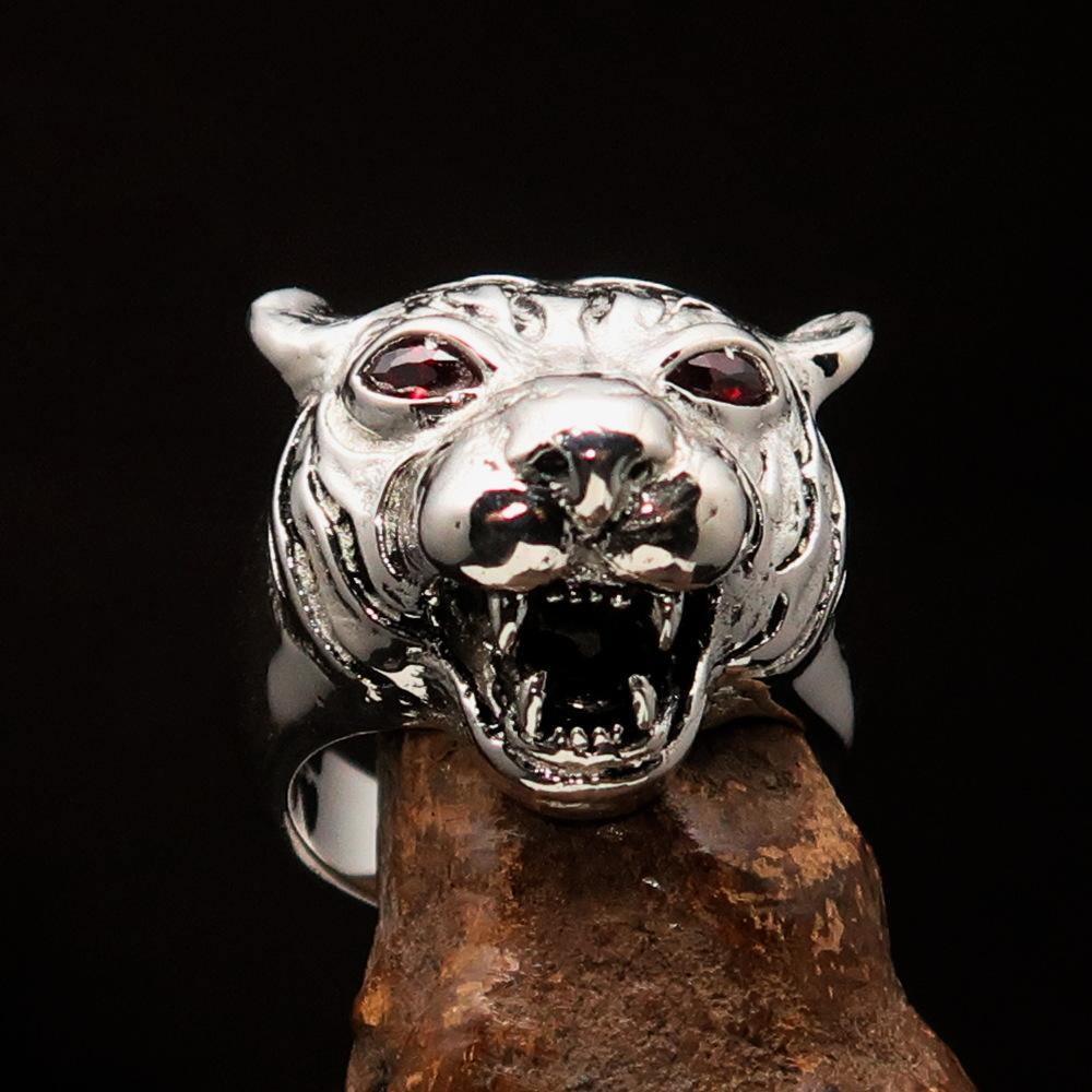 Excellent crafted Men's Tiger Ring red CZ Eyes - Sterling Silver